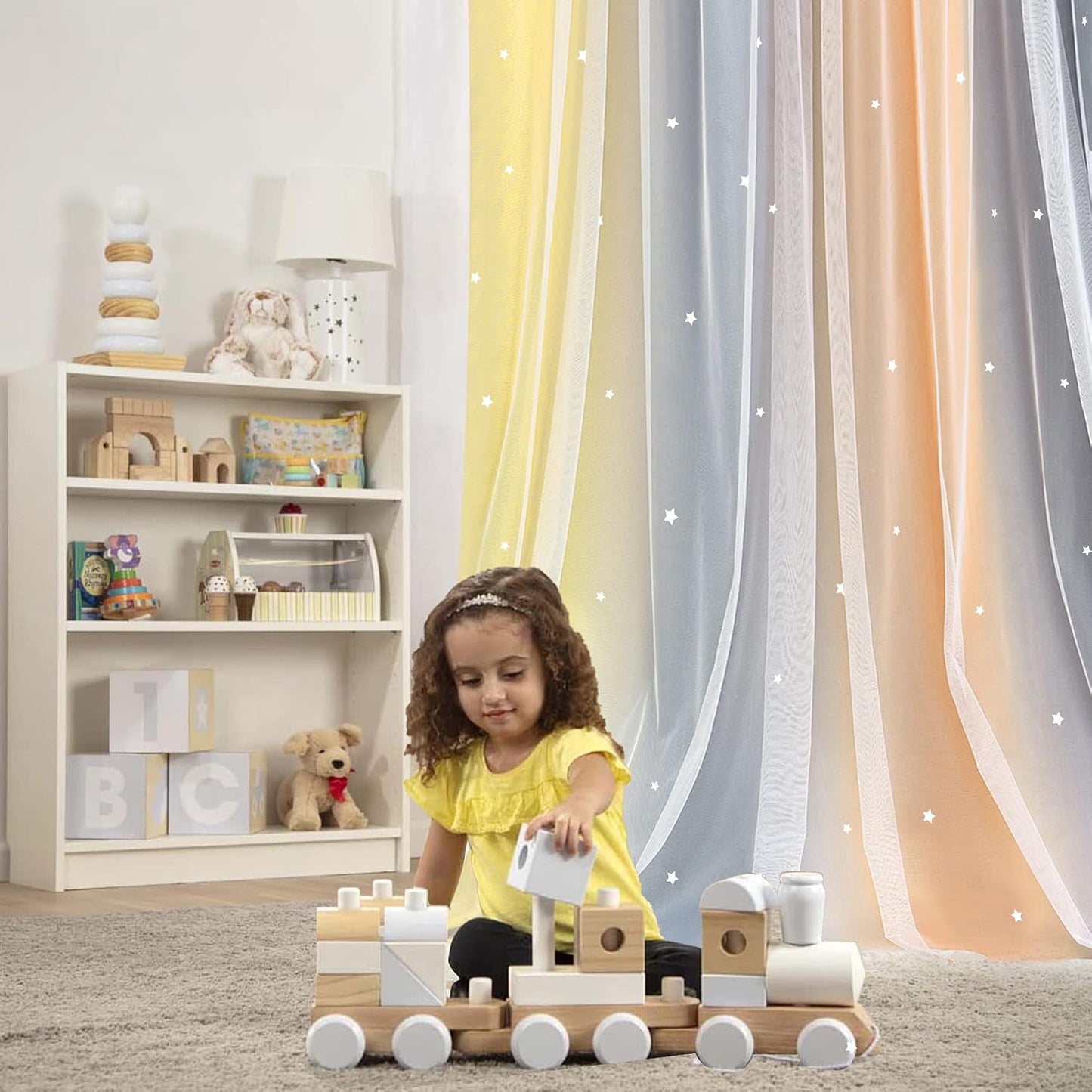 Christmas Rainbow Star Cutout Curtain for Bedroom - Double Layer Grommet Curtains Star Hollowed Curtain Rainbow Stripe Princess Curtains with Tie Backs Yellow/Grey 52W x 84L 2 Panels