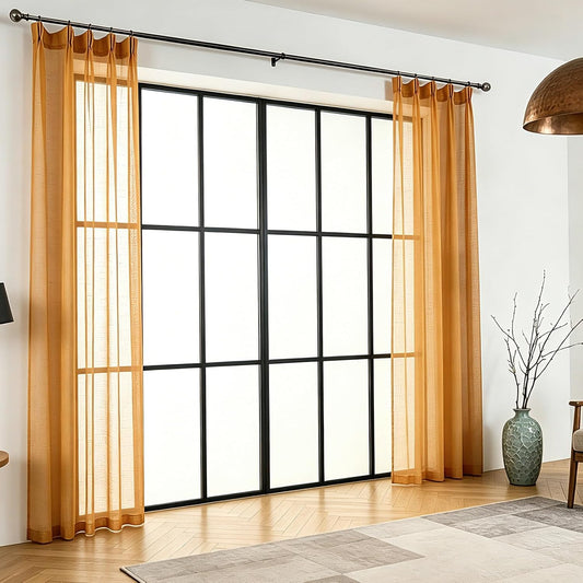 Mustard Gold Sheer Curtains 84 Inches Long 2 Panels, Textured Linen Look See Through Curtains & Drapes, Vintage Yellow Light Filtering Window, Pinch Pleat Sliding Glass Door Ceiling Curtain