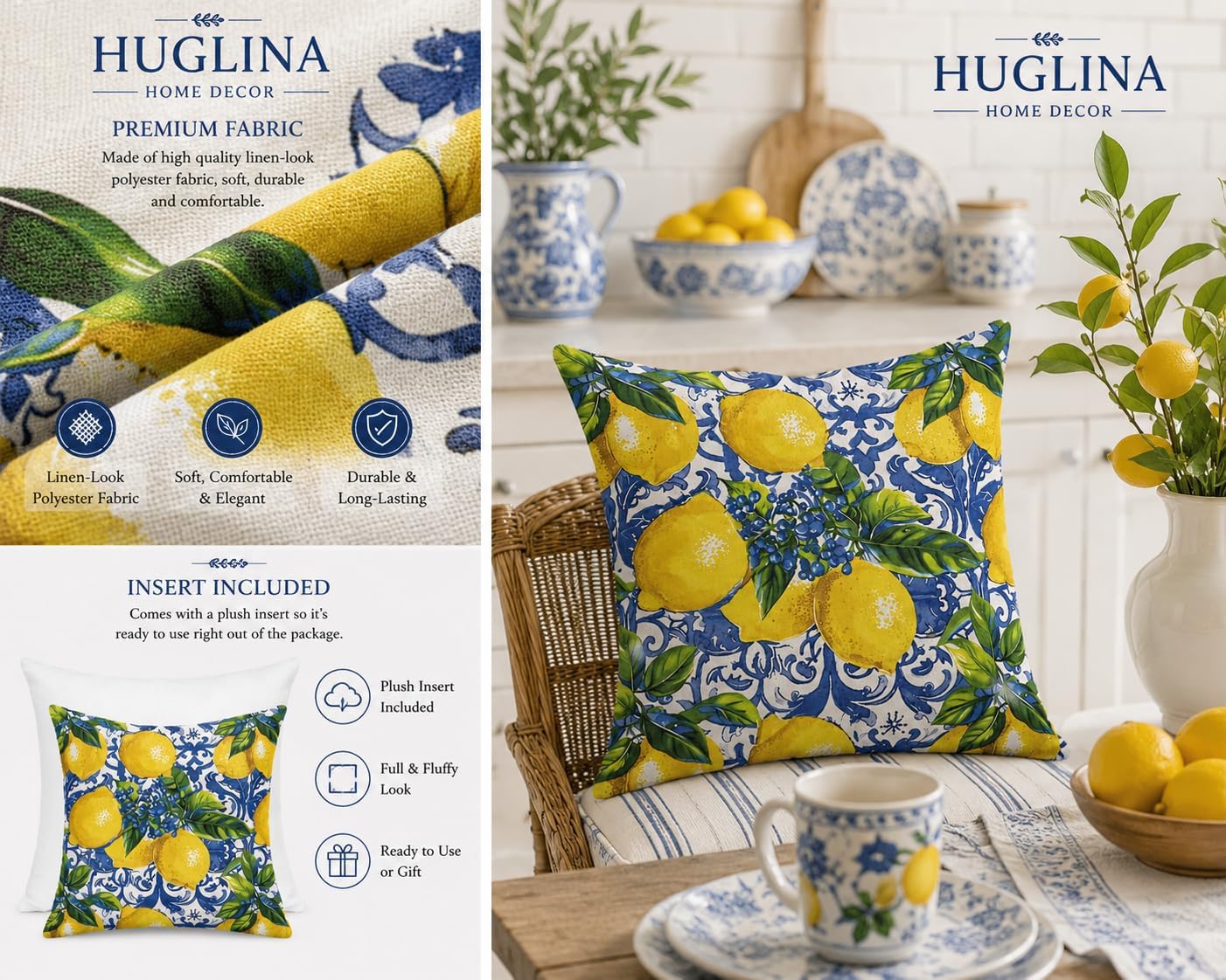 Lemon Throw Pillow, 18x18 Inch Decorative Pillow with Insert Included, Blue White Mediterranean Accent Pillow, Italian Coastal Farmhouse Home Decor Cushion for Sofa Couch Bed (LS-005)