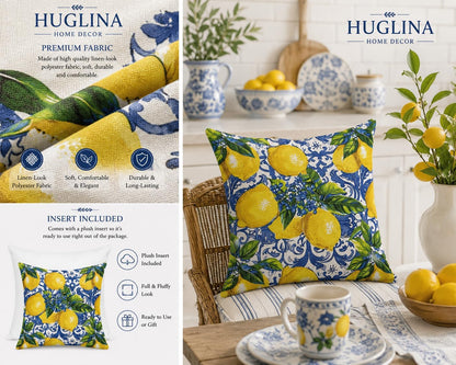 Lemon Throw Pillow, 18x18 Inch Decorative Pillow with Insert Included, Blue White Mediterranean Accent Pillow, Italian Coastal Farmhouse Home Decor Cushion for Sofa Couch Bed (LS-005)