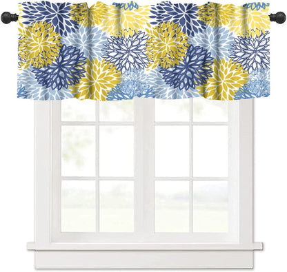 YCness Blue Yellow Floral Curtain Valances for Kitchen Window, Boho Dahlia Flowers Rod Pocket Valance Windows Treatments Farmhouse Short Toppers Curtains 54x18 Inch 1 Panel