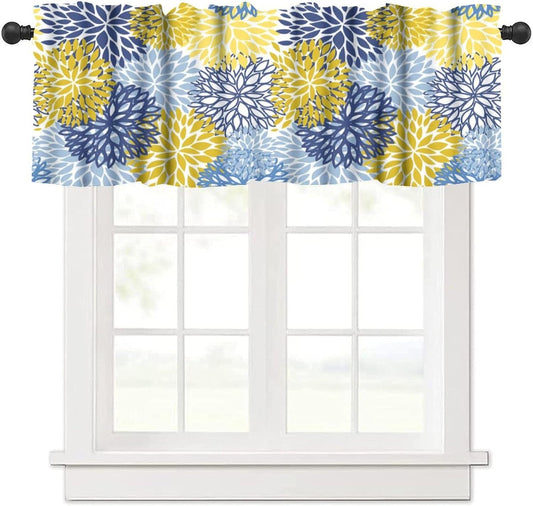 YCness Blue Yellow Floral Curtain Valances for Kitchen Window, Boho Dahlia Flowers Rod Pocket Valance Windows Treatments Farmhouse Short Toppers Curtains 54x18 Inch 1 Panel