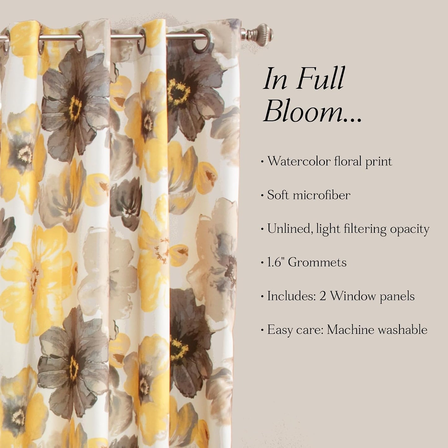 Lush Decor Leah Room Darkening Window Curtain Panel Pair, 84 inch x 52 inch, Yellow/Gray, Set of 2