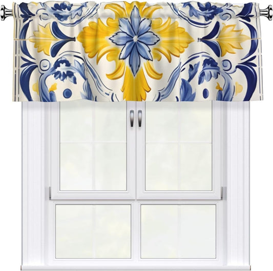 Short Rod Pocket Curtain Valance,Watercolor Bohemian Style Blue and Yellow Mandala Window Treatment Decor Curtains for Kitchen Living Room, Bedroom, 1 Panel, 54" W x 18" L