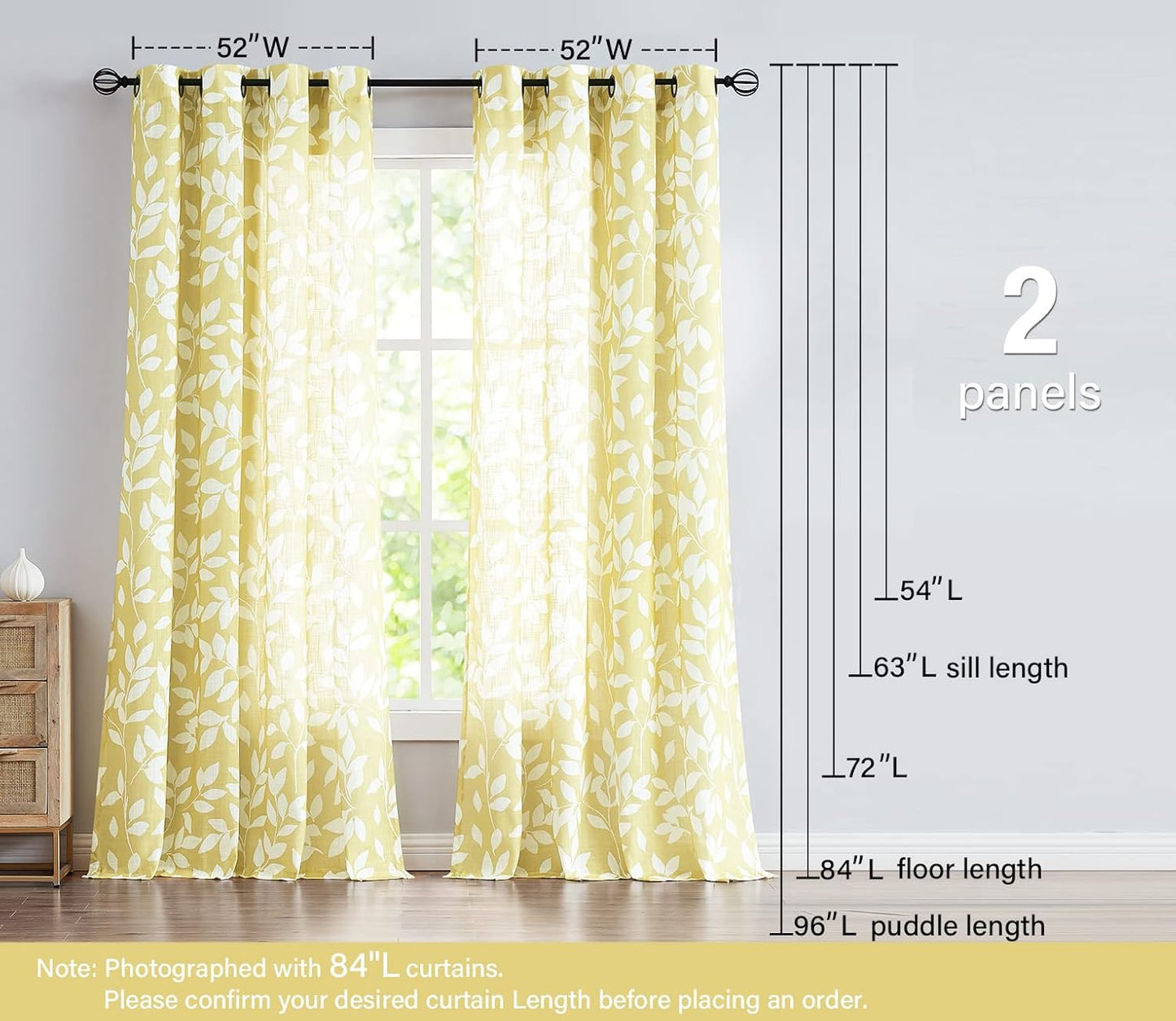 Treatmentex Semi-Sheer Curtains for Living Room Windows 95" Long White and Yellow Leaf Print Curtains for Girl's Room, Bedroom Grommet Top Curtain Panels, Mustard Yellow, 1 Pair