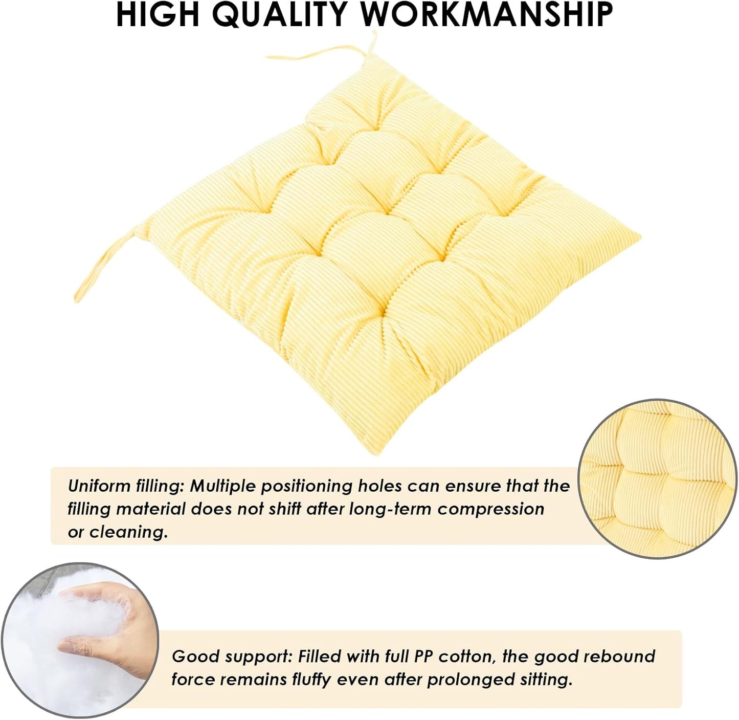 2Pack Chair Cushions for Dining Chairs 15.7"X15.7" Corduroy Chair Pads with Ties Indoor Non-Slip Square Seat Cushion for Kitchen Office Chairs Computer Desk Seat Pad, Light Yellow