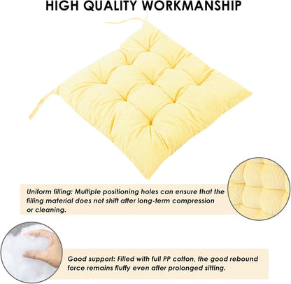 2Pack Chair Cushions for Dining Chairs 15.7"X15.7" Corduroy Chair Pads with Ties Indoor Non-Slip Square Seat Cushion for Kitchen Office Chairs Computer Desk Seat Pad, Light Yellow