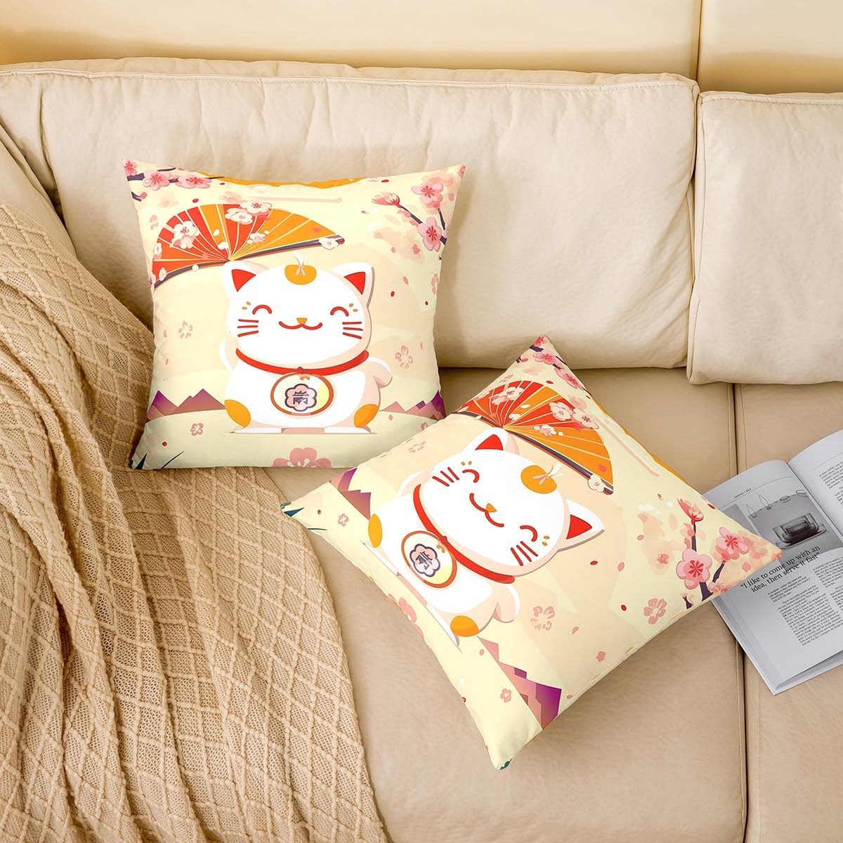 jejeloiu Kids Cherry Blossoms Throw Pillow Covers 22"x22" Set of 2 Boys Girls Sakura Flower Decorative Pillow Case Pillowcase Japanese Style Cushion Cover Kawaii Cat Pattern Outdoor Pillows Covers