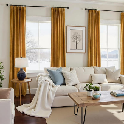 Nemia Mustard Yellow Velvet Curtains Thermal Insulated Blackout Curtain for Bedroom Window Living Room Darkening Luxury Vintage 96 Inches Long Heavy Drapes Panels Rod Pocket Set of 2