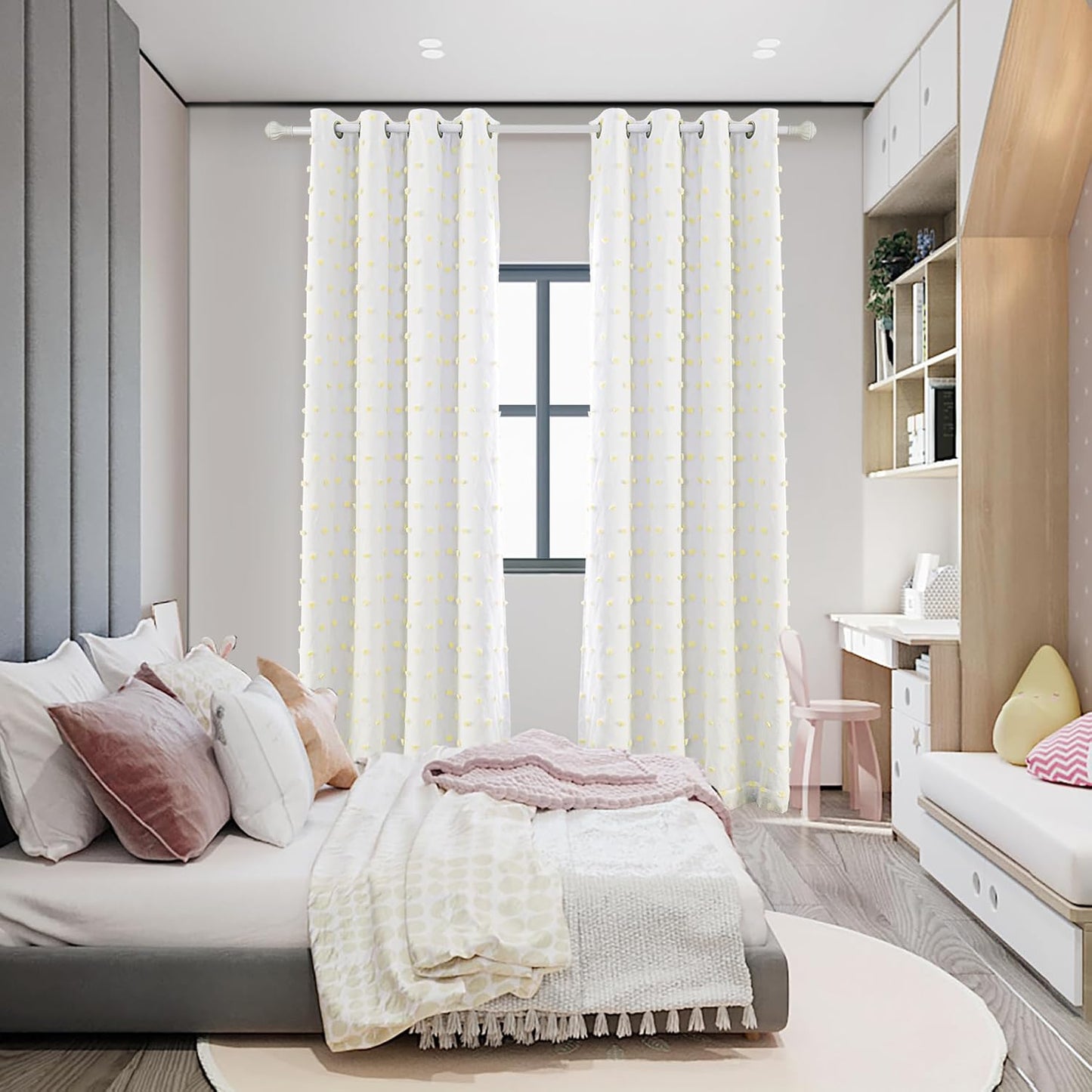 MYSKY HOME 100% Blackout Curtains for Kids Bedroom Thermal Insulated 95 Inch Length Nursery Curtains 2 Panels Grommet Light Filtering Yellow Pom Pom Sheer Drapes Double Layers Dining Room, 52W x 95L