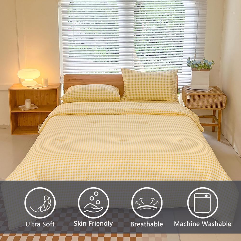 NSNLGSGC King Size Comforter Set, Yellow Gingham Bedding Comforter Sets, Yellow Grid Bed Comforter 3 Pieces (1 Comforter, 2 Pillowcases)