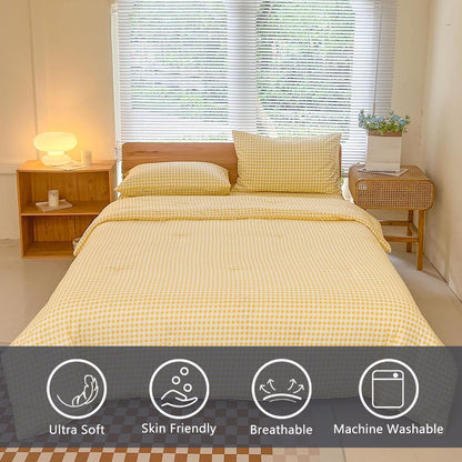 NSNLGSGC King Size Comforter Set, Yellow Gingham Bedding Comforter Sets, Yellow Grid Bed Comforter 3 Pieces (1 Comforter, 2 Pillowcases)