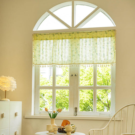 Deeprove Yellow Boho Valance Short Curtain Floral Print 18 inch for Closet Kitchen, Cotton Farmhouse Tassels Sheer Window Romantic Flower Cottage Tier Fall Decor Rod Pocket 1 Panel 52 W x 18 L