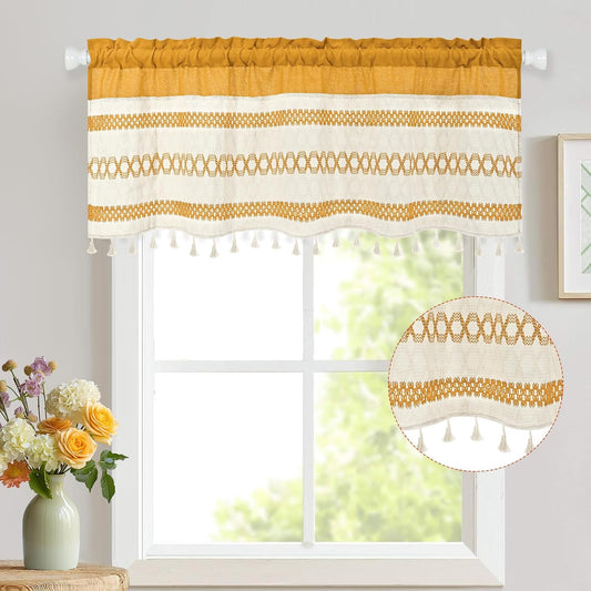 FRAMICS Farmhouse Linen Valance for Windows Boho Crochet Short Curtain with Tassel Country Yellow Valance for Kitchen Light Filtering Rod Pocket Window Treatment for Bathroom, 1 Panel, 52" W x 18" L