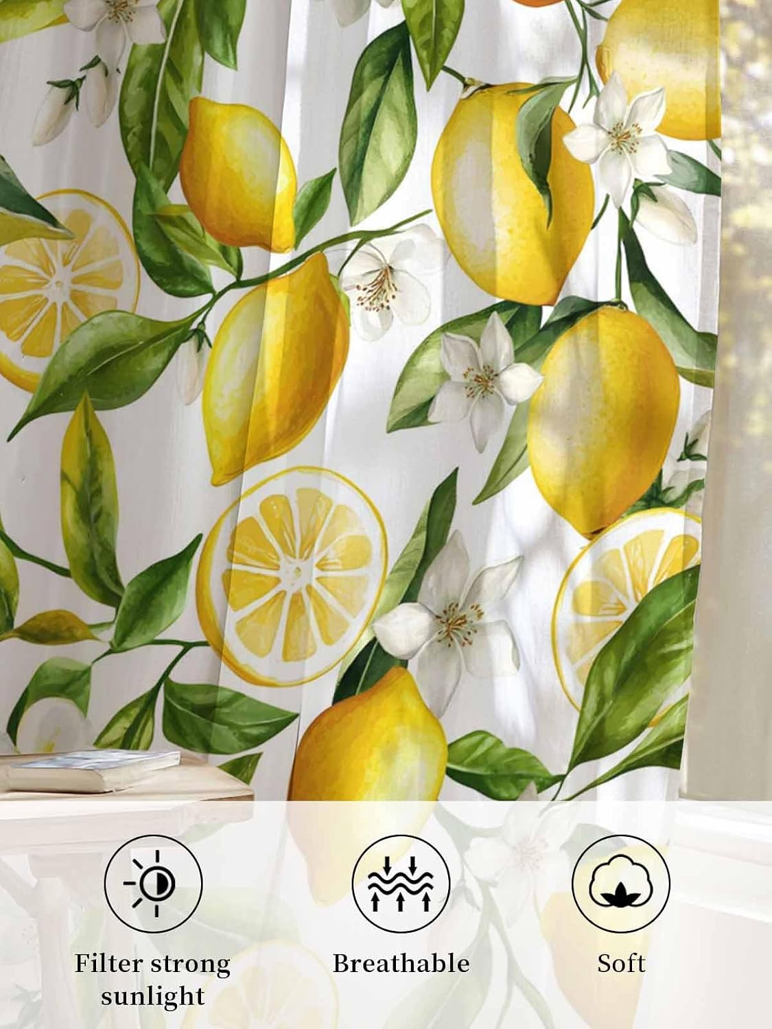 Lemon Sheer Curtains 72 Inch Length 2 Panels Set, Summer Garden Fruit Lemon Slice and Leaves Semi Transparent Voile Rod Pocket Curtains for Living Dining Room Bedroom Drapes