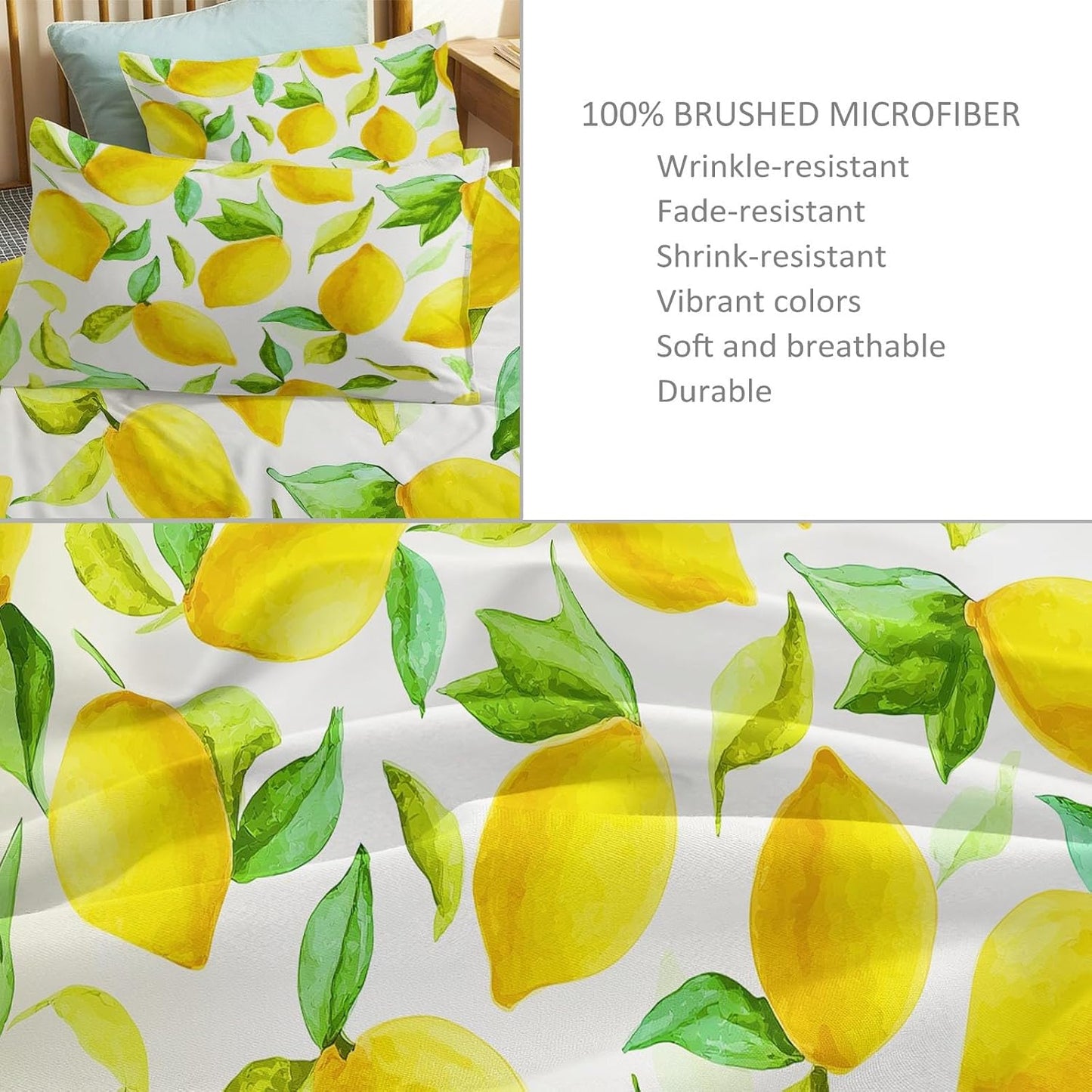 Yellow Duvet Cover Set King Size, Kids Teens Hand Drawn Leaves and Lemon Bedding Set, 3 Piece Soft Microfiber Comforter Cover (104 x 90 in) with 2 Pillowcase