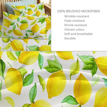 Yellow Duvet Cover Set King Size, Kids Teens Hand Drawn Leaves and Lemon Bedding Set, 3 Piece Soft Microfiber Comforter Cover (104 x 90 in) with 2 Pillowcase