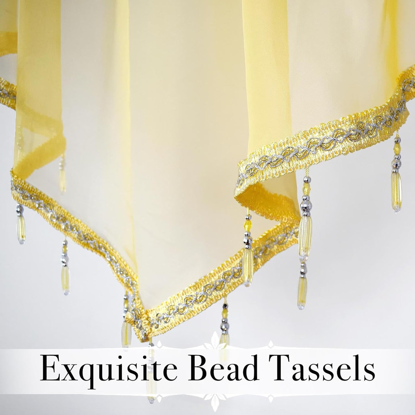 WUBODTI Yellow Sheer Valance Curtains for Living Room Windows, Boho Crystal Beaded Tassel Triangle Kitchen Curtains Lace Swag Curtain Valance for Bedroom Bathroom Door Decor,3PCs, Each W51 x L24