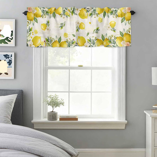 Country Valances for Windows, Vintage Yellow Lemon Flowers Linen Texture Kitchen Valance Light Filtering Rod Pocket Short Curtains for Kitchen Bathroom, 1 Panel, 54"x18"