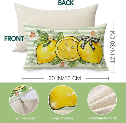 Spring Summer Lemon Lumbar Decorative Throw Pillow Cover 12 x 20, Rectangular Citrus Fruit Plaid Bow Outdoor Home Decor, Green Striped Butterfly Farmhouse Sofa Couch Cushion Case