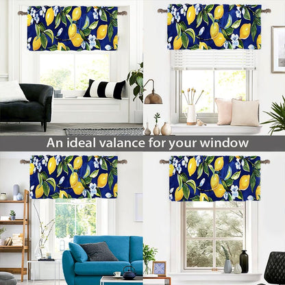1 Panel Blue Floral Yellow Lemon Window Valances, Nature Food Fruit Window Treatment Decor Curtains Rod Pocket Valances for Kitchen/Living Room, 54" X 18"
