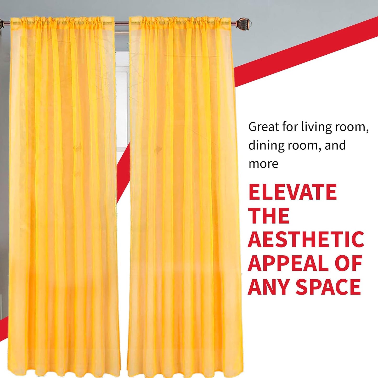 Sapphire Home Mustard Yellow Sheer Curtains - 63 Inches Length, 2 Panels Set Sheer Drapes, Light Filtering Textured Window Curtain for Living Room, Bedroom, Kitchen & Dining - 54"x63", Mustard Yellow