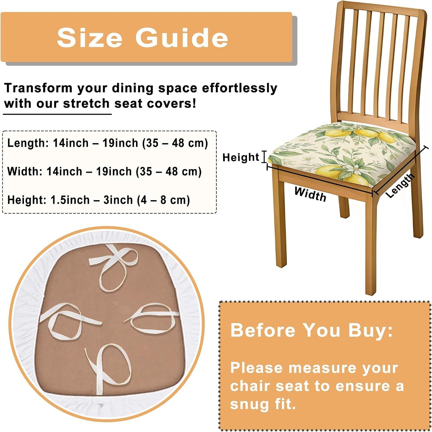 Lemon Seat Covers for Chairs, Botanical Natural Leaf Flower Summer Yellow Spandex Washable Stretch Breathable Chair Covers Decor for Kitchen Restaurant Office Party 4pcs