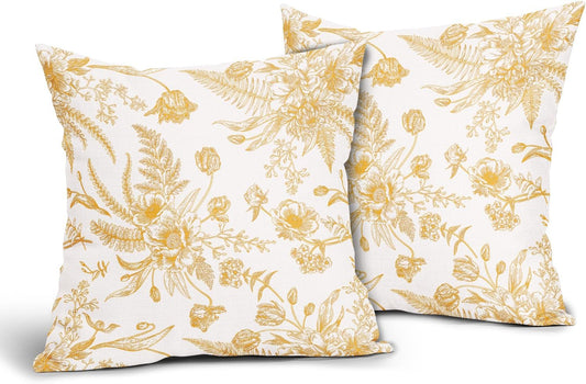 Yellow Flowers Pillow Covers 20x20Inch Set of 2 Light Yellow and White Morden Throw Pillowcase Cotton Linen Square Decorative Pale yellow Floral Cushion Cover for Sofa Bedroom Indoor Outdoor Party