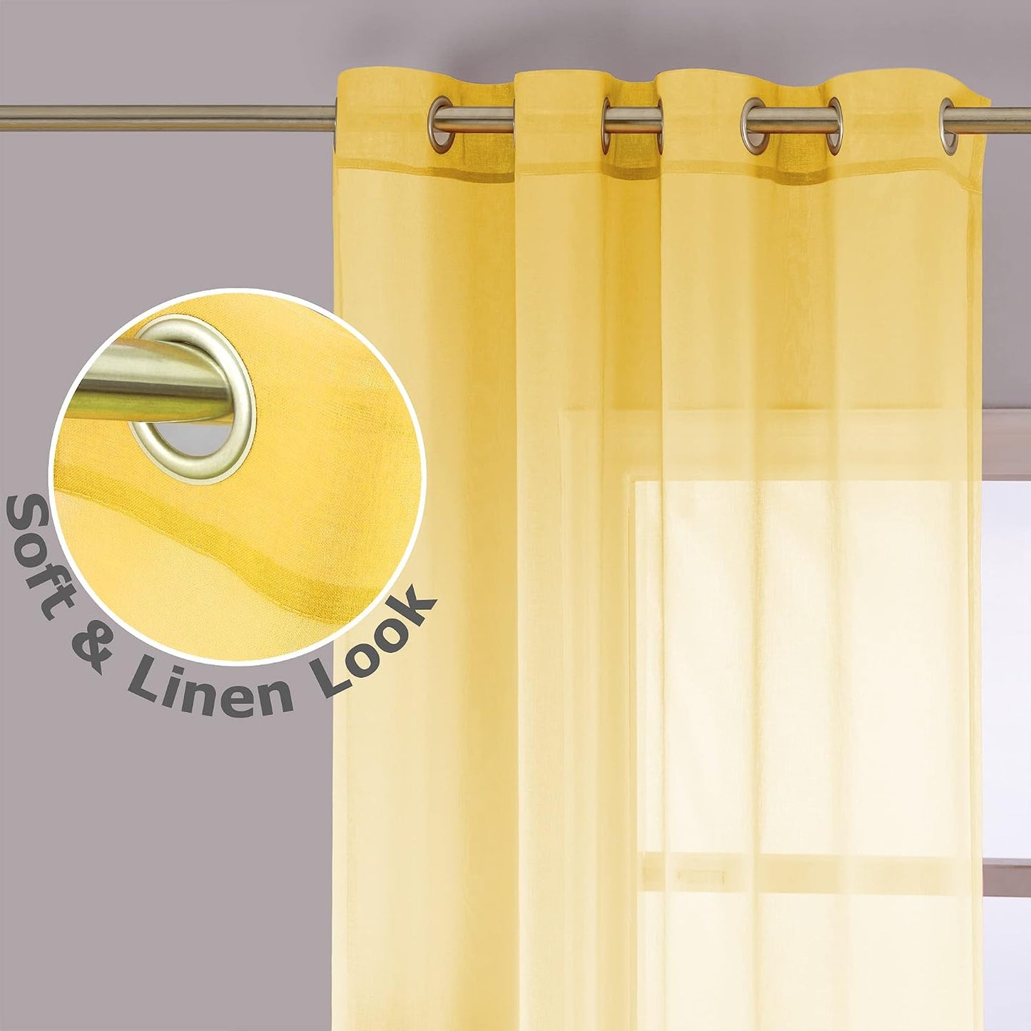 KOUFALL Yellow Sheer Curtains 84 Inches Long for Living Room, Summer Decor Grommet Ombre Printed Pattern Curtains for Bedroom Dining Room 84 Inch Length 2 Panels Set, Yellow and Grey