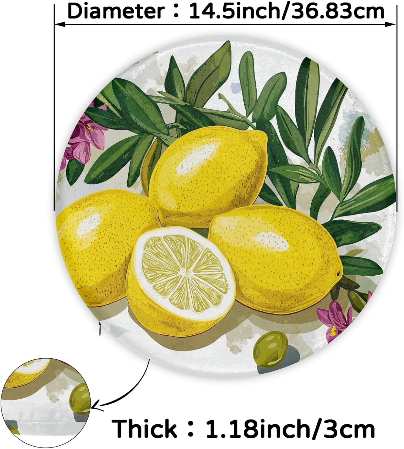 Lemons Yellow Round Chair Cushion for Dining Foam Seat Cushion Cover with Ties Reversible Removable Seat Chair Pads for Indoor Kitchen Decor 14 Inch