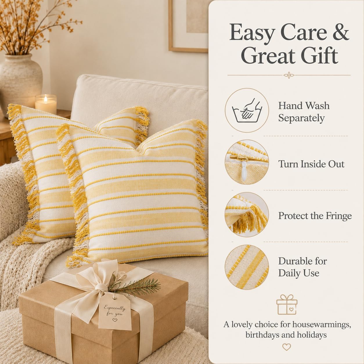 Spring Throw Pillow Covers 20x20 Set of 2, Striped Pillow Covers with Tassel Boho Cushion Cover Cotton Decorative Square Pillowcase for Sofa Couch Bed Living Room Neutral Decor, Yellow
