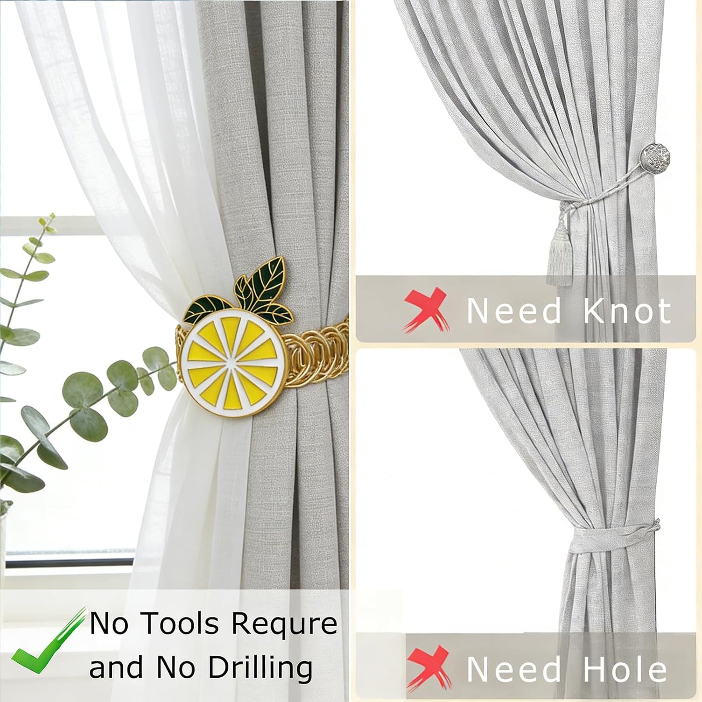 Lemon Curtain Tiebacks 2 Pack Yellow Fruit Spring Curtain Holdbacks No Drill Curtain Ties & Auto-Closing,Boho Curtain Tie Backs for Office & Farmhouse Kitchen Living Room Bedroom Decor