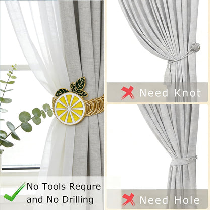 Lemon Curtain Tiebacks 2 Pack Yellow Fruit Spring Curtain Holdbacks No Drill Curtain Ties & Auto-Closing,Boho Curtain Tie Backs for Office & Farmhouse Kitchen Living Room Bedroom Decor