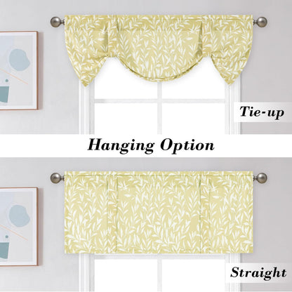VOGOL Yellow Leaf Print Tie Up Kitchen Valance, 52 x 18, 1 Panel | Linen Textured Fabric, Softens Natural Light, Country Style, Rod Pocket Top, for Dining Room