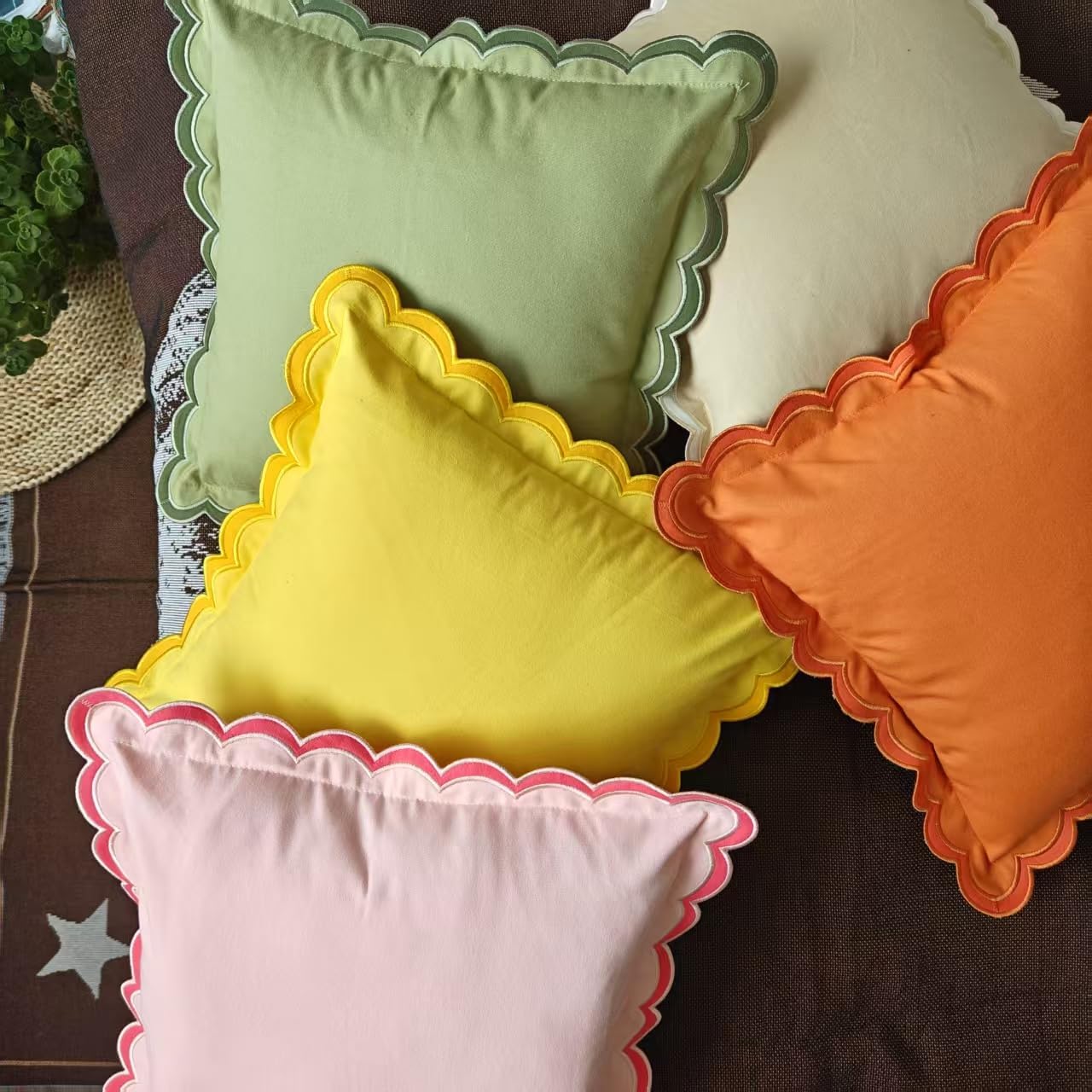 Scalloped Edge Embroidery Pillow Cover Set of 2 | Decorative Throw Pillow Covers | Boho-Chic Cushion Covers for Living Room (Yellow)
