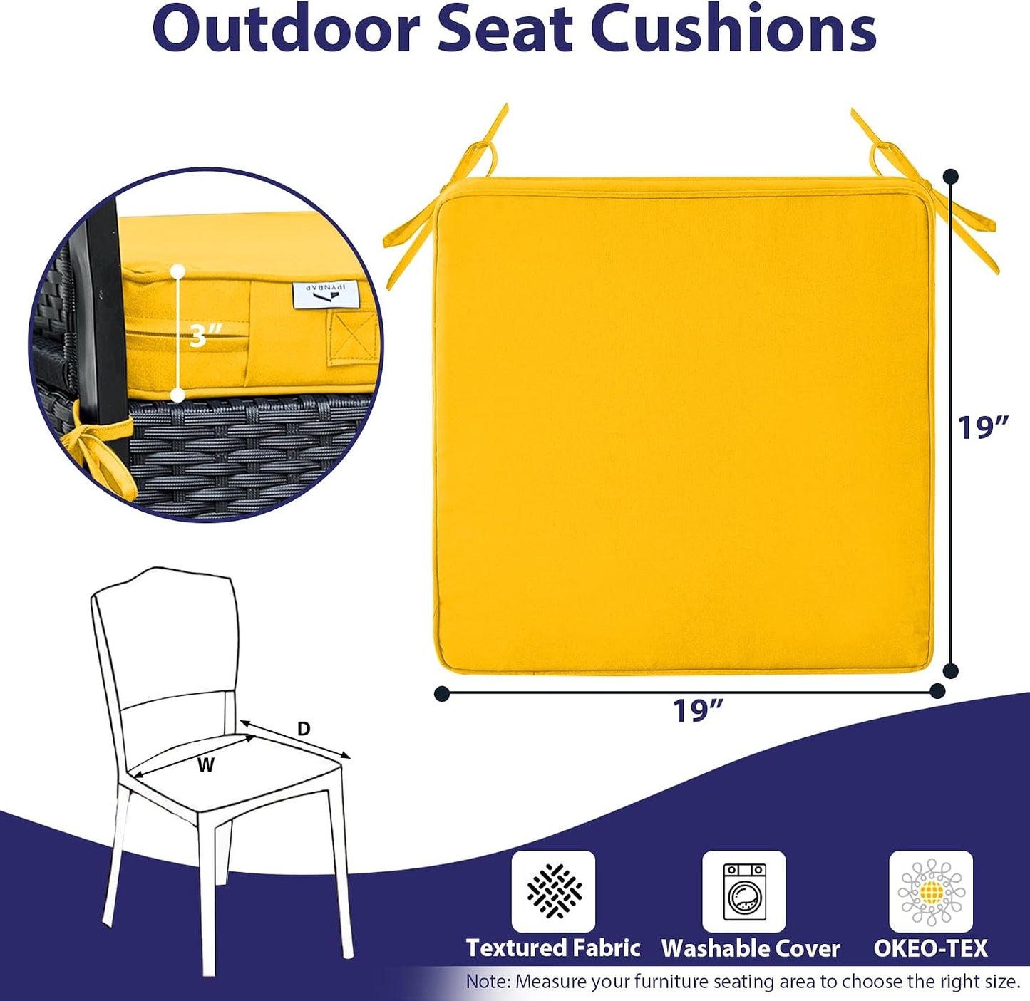 IPYNBAP Outdoor Chair Cushions Set of 4 -Waterproof Outdoor Seat Cushions for Patio Furniture, Patio Chair Cushion with Handle and Ties, Out Door Chair Pads,19x19x3-Square, Yellow