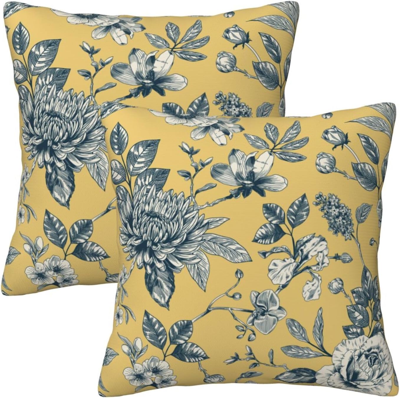 Floral Toile Throw Pillow Covers 18x18 inch Set of 2 Yellow Chinoiserie Flowers Pillow Cases French Country Spring Decorative Cushion Covers for Sofa Couch