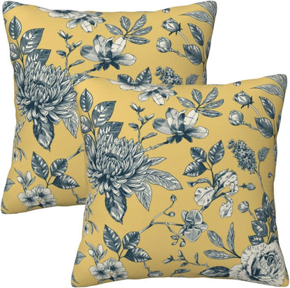 Floral Toile Throw Pillow Covers 18x18 inch Set of 2 Yellow Chinoiserie Flowers Pillow Cases French Country Spring Decorative Cushion Covers for Sofa Couch