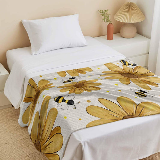Cooling Blanket for Hot Sleepers, Yellow Daisy Farmhouse Lightweight Breathable Summer Blanket, Garden Floral Honeybees Burlap Double-Side Cool Throw Blankets for Sleeping Travel, 50"x60"