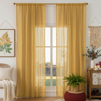 WAZZIO Boho Lace Curtains 84 Inches 2 Panel,Light Filtering Privacy Tassel & Geometry Crochet Semi Sheer Curtain Drapes for Bedroom Living Dining Room,Rod Pocket & Tassel,Mustard Yellow