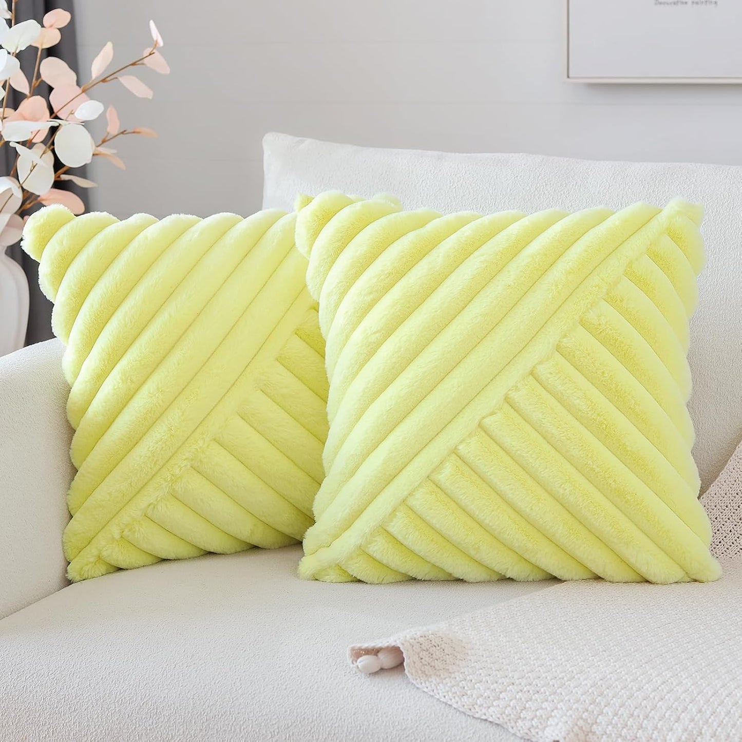 OTOSTAR Faux Fur Plush Throw Pillow Covers 16 x 16 Inch Fuzzy Soft Striped Decorative Velvet Pillow Case Couch Home Decor Pillow Covers for Sofa Bed Living Room Set of 2 (Lemon Yellow)