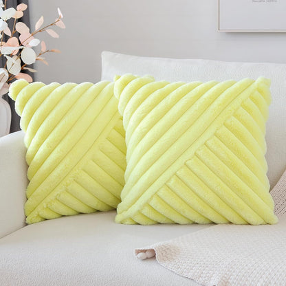 OTOSTAR Faux Fur Plush Throw Pillow Covers 16 x 16 Inch Fuzzy Soft Striped Decorative Velvet Pillow Case Couch Home Decor Pillow Covers for Sofa Bed Living Room Set of 2 (Lemon Yellow)