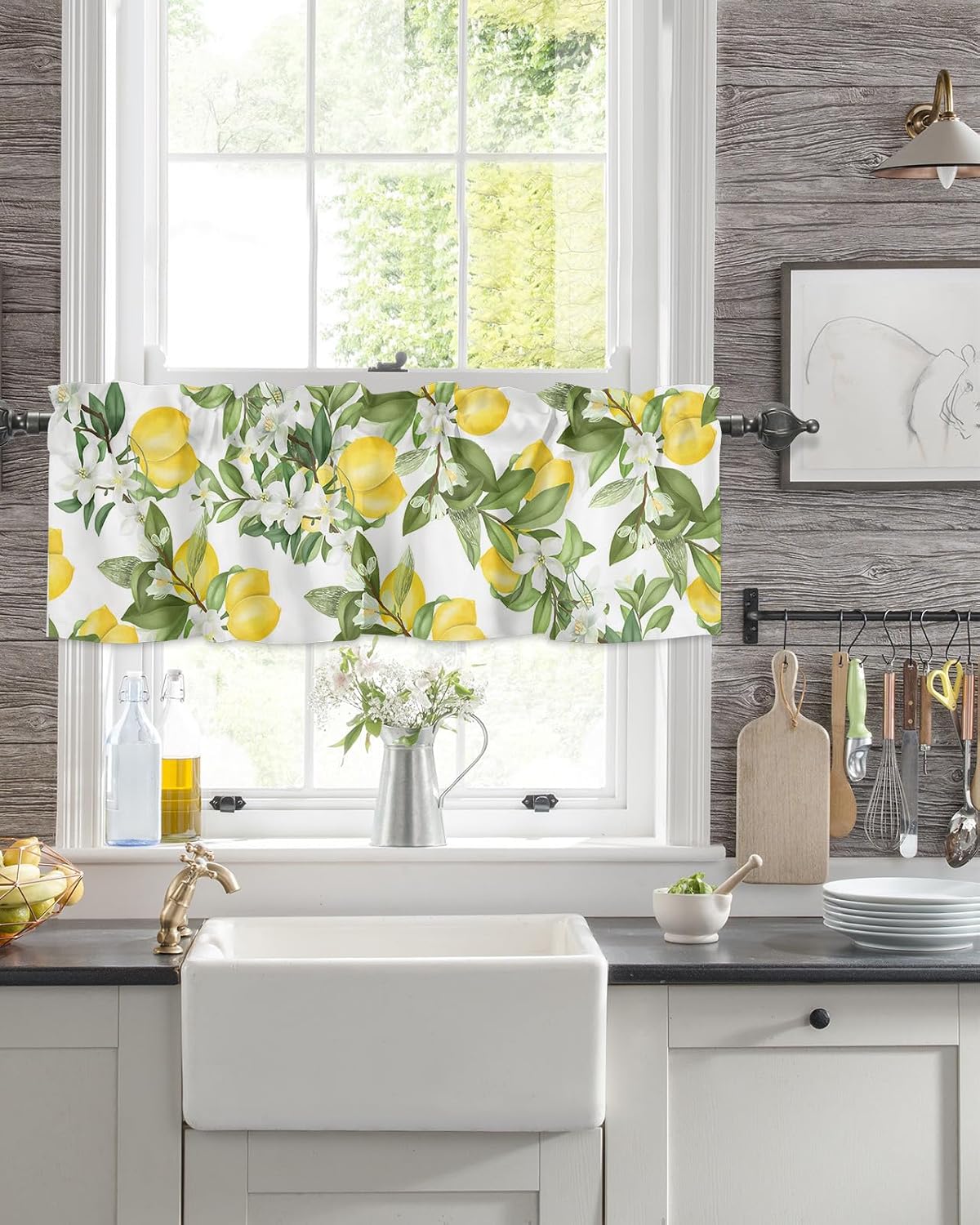 Nature Window Valance Flowering Lemon Woody Plant Romance Habitat Citrus Fresh Background Window Treatment Valances, Rod Pocket Curtain Valances for Kitchen Bedroom, 54" X 18", 1 Panel, Fern Green
