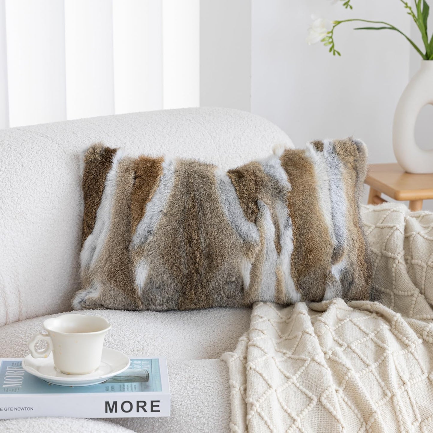 Genuine Rabbit Fur Pillow Covers Set of 2,Luxury Decorative Throw Pillowcases Fluffy Animal Skin Accents Bolster Cushion Cover for Couch Sofa Bedroom Living Room Home,12x20inch,Yellow