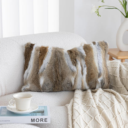 Genuine Rabbit Fur Pillow Covers Set of 2,Luxury Decorative Throw Pillowcases Fluffy Animal Skin Accents Bolster Cushion Cover for Couch Sofa Bedroom Living Room Home,12x20inch,Yellow