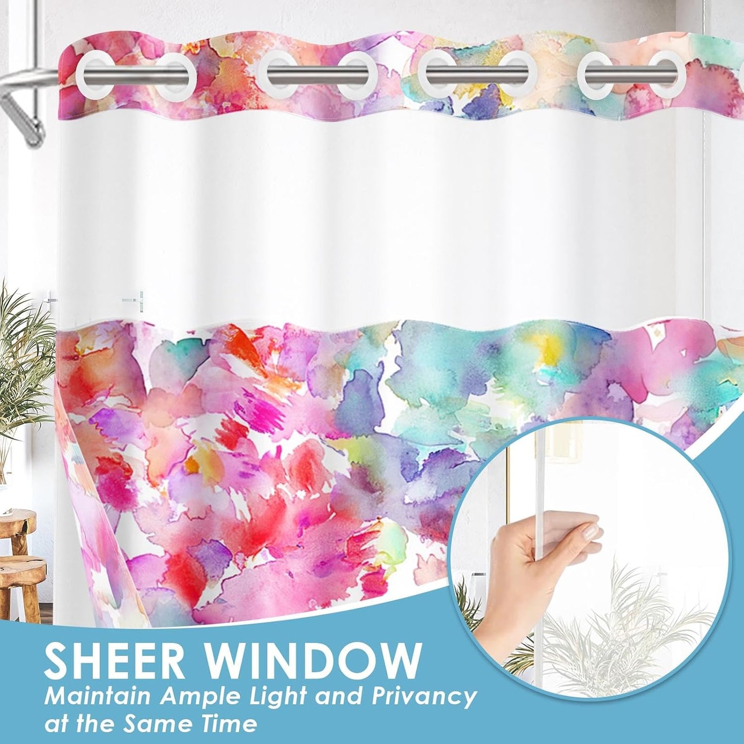 No Hook Pink Teal Blue Yellow Shower Curtain with Snap in Fabric Liner Set, Polka Dot Colorful Double Layers Waterproof Fabric with See Through Top Window Open Grommet Bath Curtain 71x74 Inch