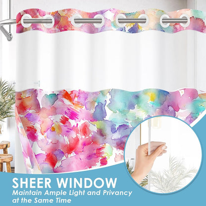 No Hook Pink Teal Blue Yellow Shower Curtain with Snap in Fabric Liner Set, Polka Dot Colorful Double Layers Waterproof Fabric with See Through Top Window Open Grommet Bath Curtain 71x74 Inch