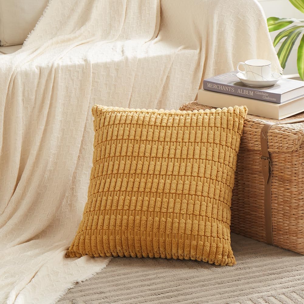 Fancy Homi 2 Packs Mustard Yellow Decorative Throw Pillow Covers 18x18 Inch for Living Room Couch Bed Sofa, Soft Striped Corduroy Square Cushion Case 45x45 cm, Rustic Farmhouse Boho Home Decor