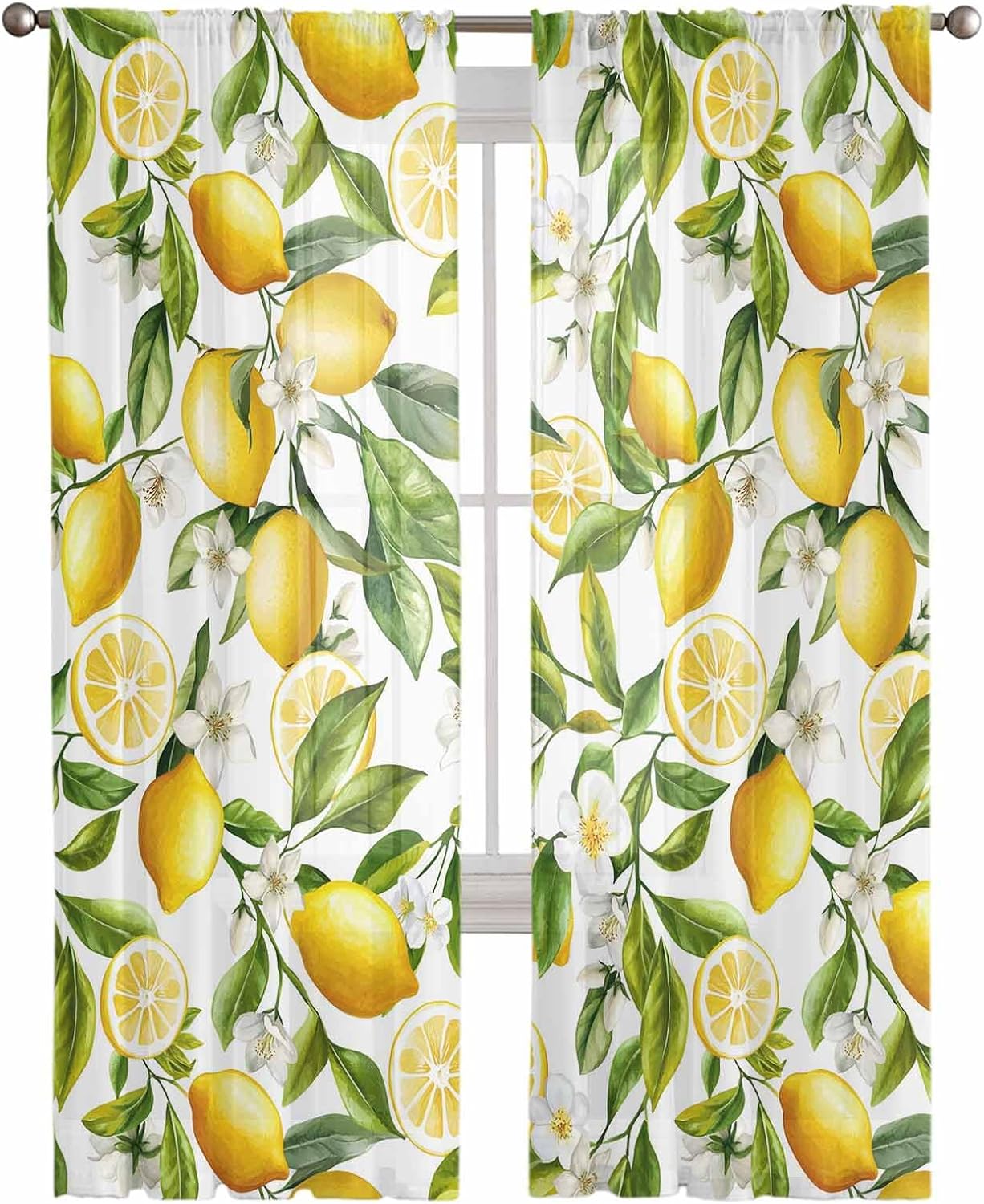 Lemon Sheer Curtains 72 Inch Length 2 Panels Set, Summer Garden Fruit Lemon Slice and Leaves Semi Transparent Voile Rod Pocket Curtains for Living Dining Room Bedroom Drapes