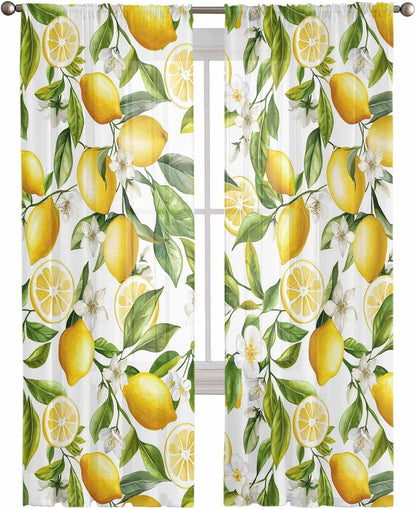 Lemon Sheer Curtains 72 Inch Length 2 Panels Set, Summer Garden Fruit Lemon Slice and Leaves Semi Transparent Voile Rod Pocket Curtains for Living Dining Room Bedroom Drapes